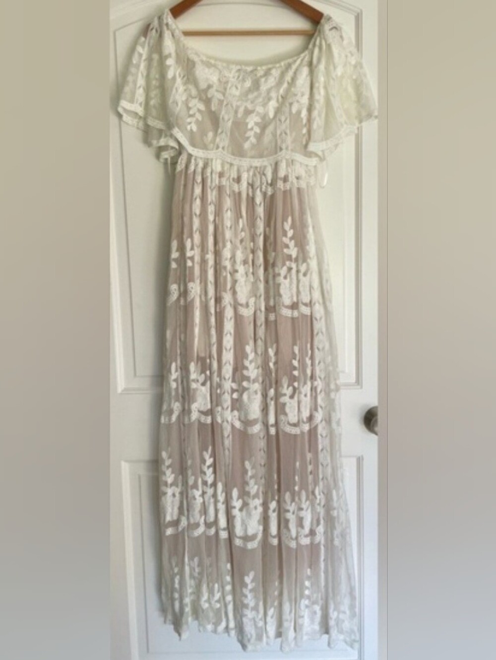 Aakaa Taupe Maxi Skirt with White Floral Lace Overlay